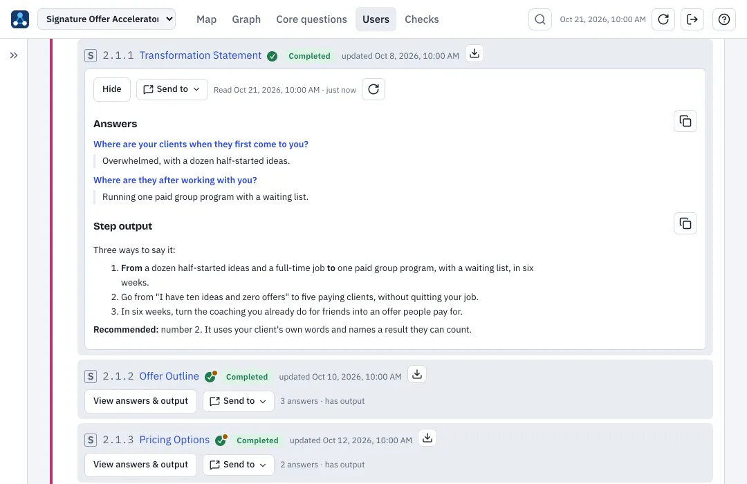A sample member’s answers for Transformation Statement, followed by the step’s output: three suggested statements and a recommendation.